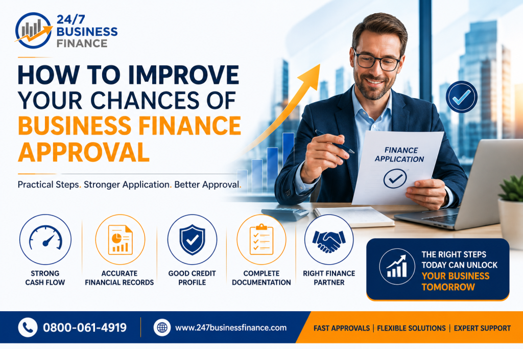 UK business owner reviewing a finance application with tips to improve business finance approval chances – 247 Business Finance