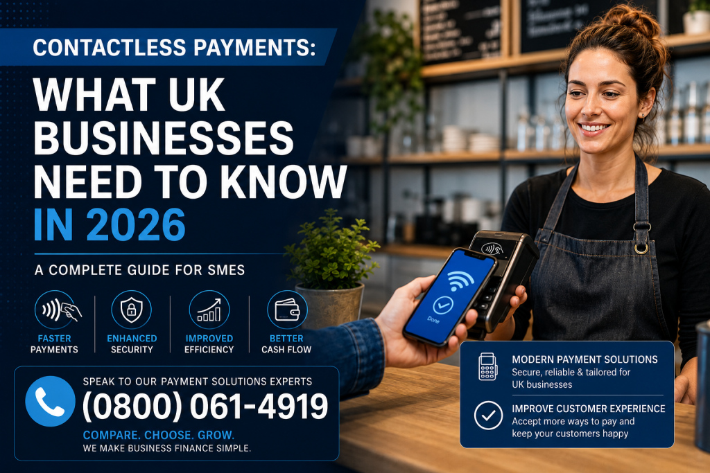 Business owner using a contactless card machine with an intelligent POS system in a modern UK retail environment.