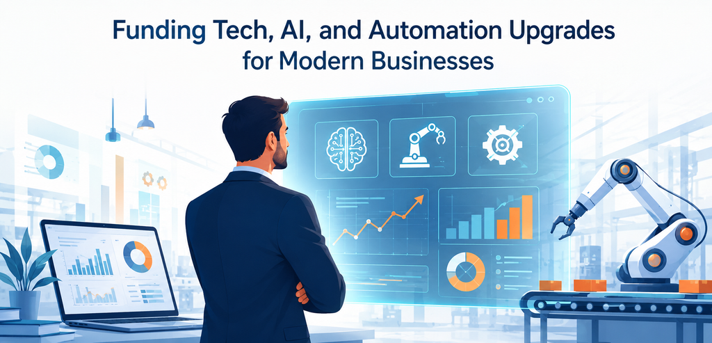 UK business owner reviewing AI and automation technology funding options