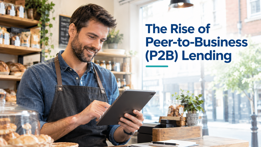 UK small shop owner exploring peer-to-business lending on a tablet